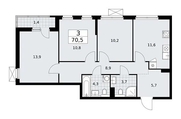 Новая 3-к квартира
 70.5 м² на 8/17 этаже в ЖК «Бунинские кварталы» в городе Тюмень 