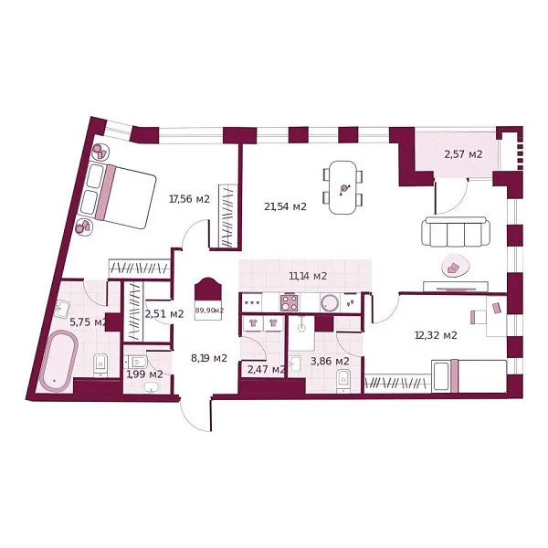 Новая 2-к квартира
 89.9 м² на 4/6 этаже в ЖК «Secret Place» в городе Тюмень 