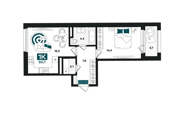 Новая 1-к квартира
 50.7 м² на 4/23 этаже в ЖК «Добро» в городе Тюмень 