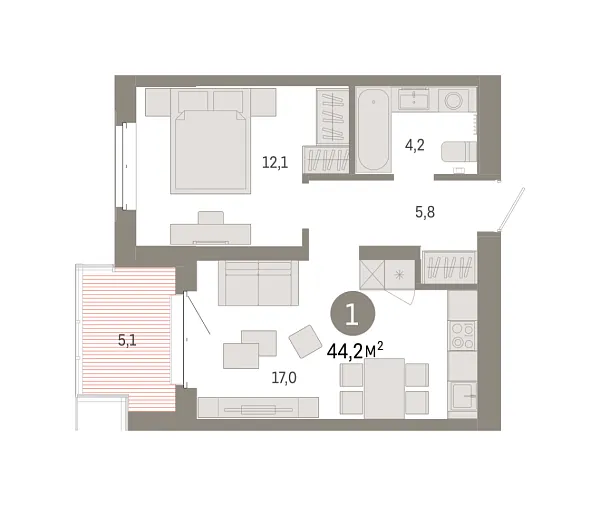 Новая 1-к квартира
 43.93 м² на 4/11 этаже в ЖК «Кварталы «На Минской»» в городе Тюмень 
