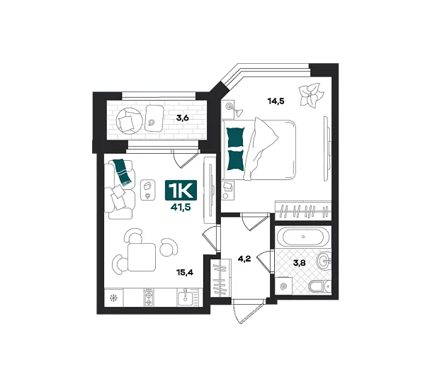 Новая 1-к квартира
 41.5 м² на 13/23 этаже в ЖК «Добро» в городе Тюмень 