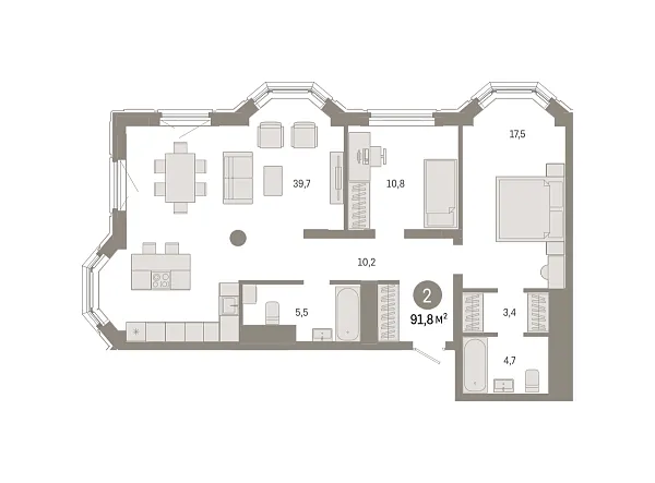 Новая 2-к квартира
 91.8 м² на 19/24 этаже в ЖК «На Некрасова» в городе Тюмень 