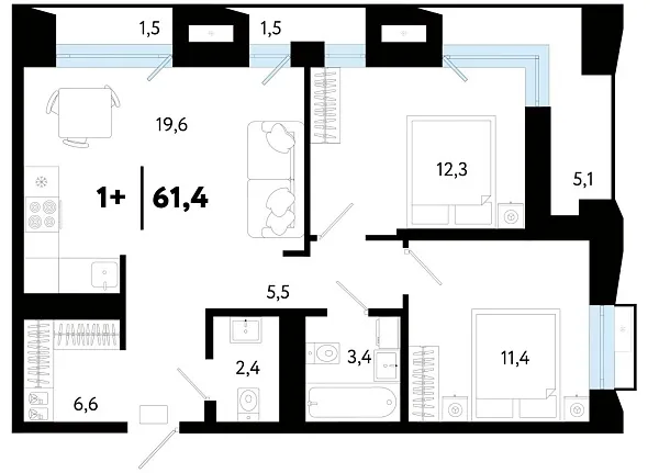 Новая 2-к квартира
 61.43 м² на 14/25 этаже в ЖК «Кедровый берег» в городе Тюмень 