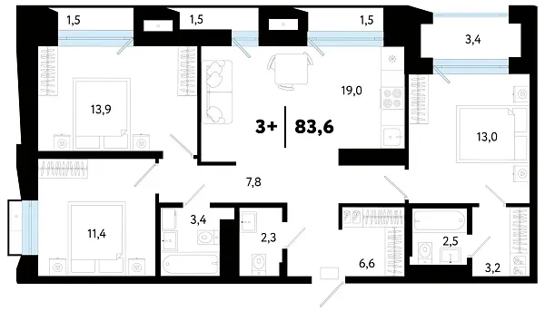 Новая 3-к квартира
 83.65 м² на 7/25 этаже в ЖК «Кедровый берег» в городе Тюмень 