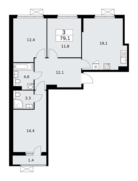 Новая 3-к квартира
 79.1 м² на 8/17 этаже в ЖК «Бунинские кварталы» в городе Тюмень 