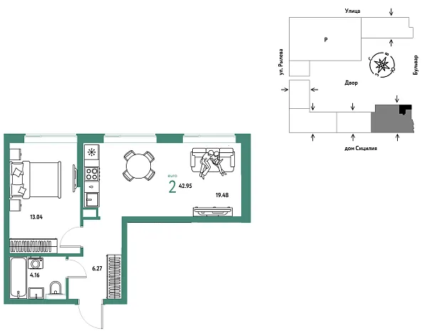 Новая 2-к квартира
 42.95 м² на 10/24 этаже в ЖК «Остров-сад» в городе Тюмень 