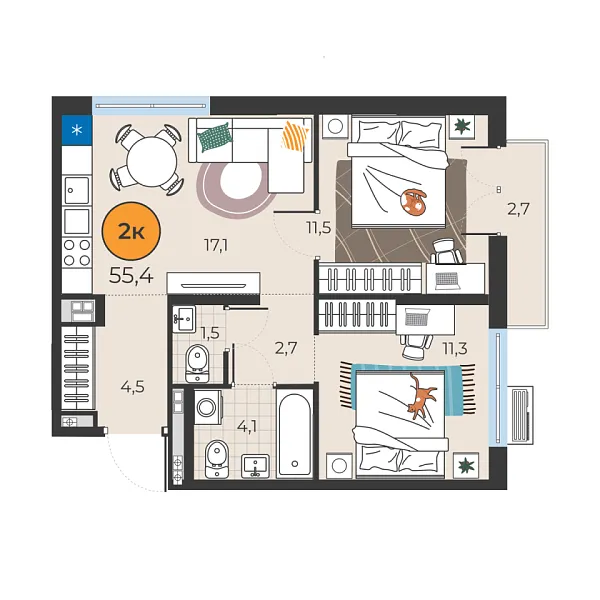 Новая 2-к квартира
 52.7 м² на 9/25 этаже в ЖК «Корней» в городе Тюмень 