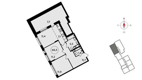 Новая 3-к квартира
 68.3 м² на 17/17 этаже в ЖК «Прокшино» в городе Тюмень 