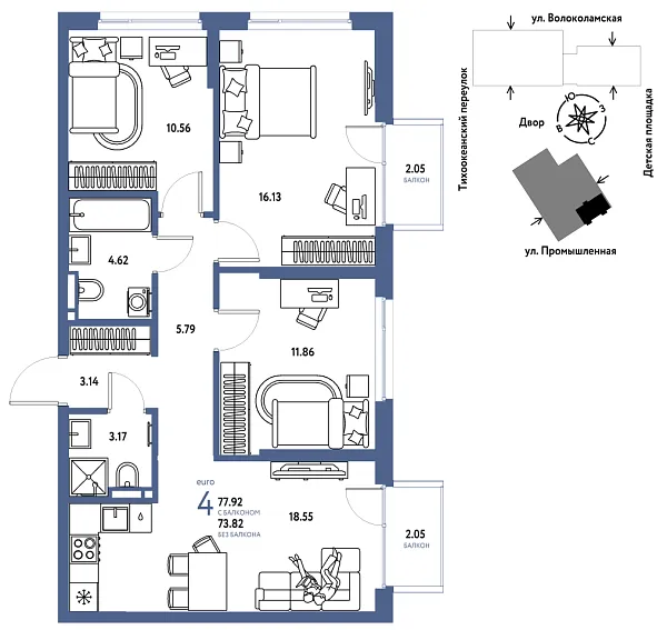 Новая 4-к квартира
 77.92 м² на 11/20 этаже в ЖК «Страна.Прибрежная» в городе Тюмень 