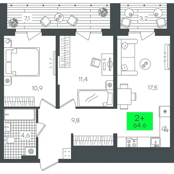 Новая 2-к квартира
 64.68 м² на 9/22 этаже в ЖК «Гранд Квартал» в городе Тюмень 