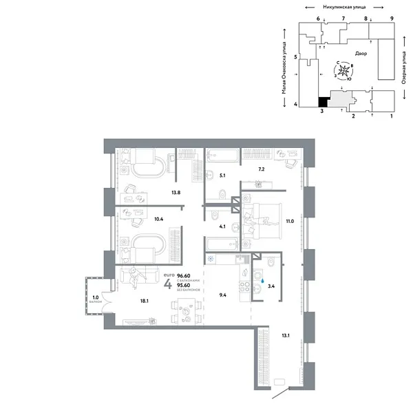 Новая 4-к квартира
 96.6 м² на 7/30 этаже в ЖК «Страна.Озёрная» в городе Тюмень 