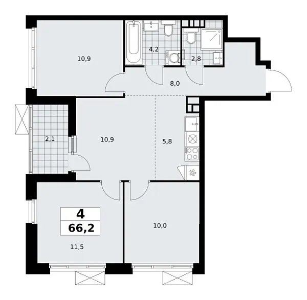 Новая 4-к квартира
 66.2 м² на 5/18 этаже в ЖК «Скандинавия» в городе Тюмень 