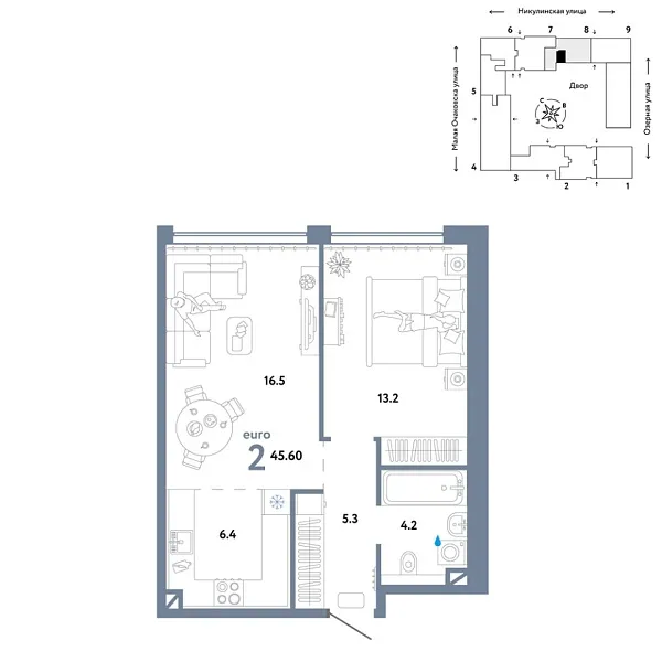 Новая 2-к квартира
 45.6 м² на 9/30 этаже в ЖК «Страна.Озёрная» в городе Тюмень 