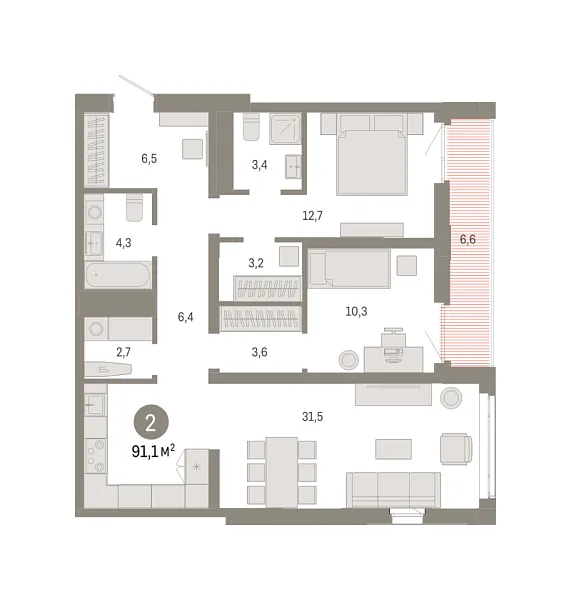 Новая 2-к квартира
 91.08 м² на 4/18 этаже в ЖК «Республики 205» в городе Тюмень 