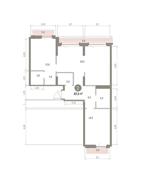 Количество комнат: 2,  87.37 кв.м.