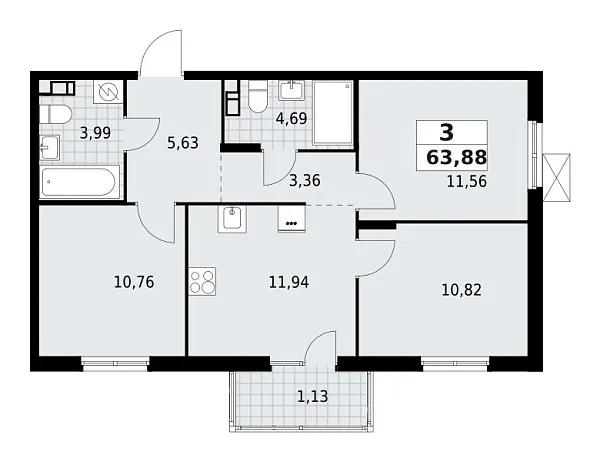 Новая 3-к квартира
 63.88 м² на 7/9 этаже в ЖК «А101 Лаголово» в городе Тюмень 