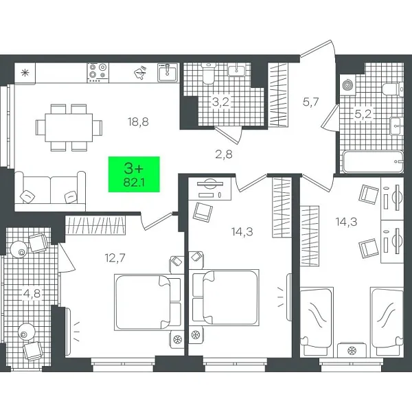 Новая 3-к квартира
 82.1 м² на 13/22 этаже в ЖК «Гранд Квартал» в городе Тюмень 