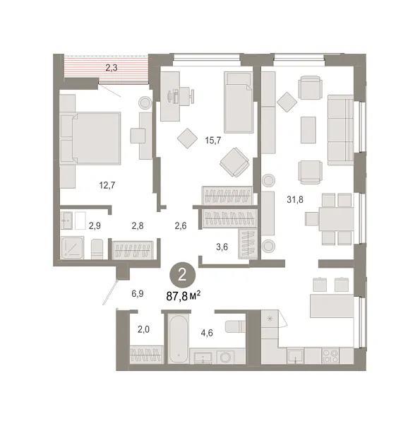 Новая 2-к квартира
 87.81 м² на 13/17 этаже в ЖК «Октябрьский на Туре» в городе Тюмень 