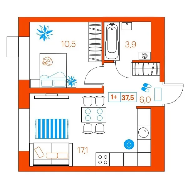 Новая 1-к квартира
 37.5 м² на 17/22 этаже в ЖК «SuperSky» в городе Тюмень 