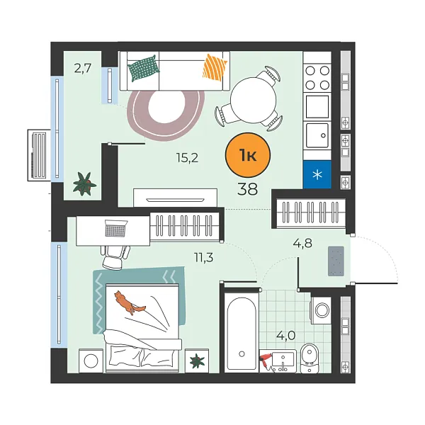 Новая 1-к квартира
 35.3 м² на 2/25 этаже в ЖК «Корней» в городе Тюмень 