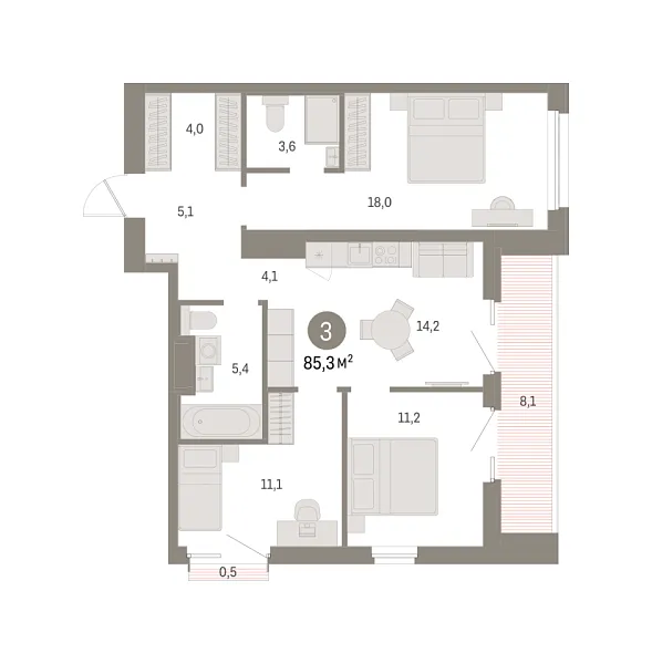 Новая 3-к квартира
 85.27 м² на 6/15 этаже в ЖК «Северный ветер» в городе Тюмень 