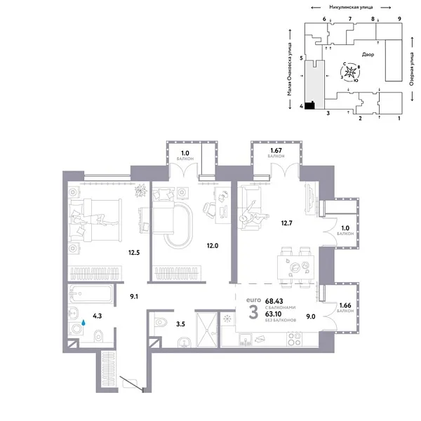 Новая 3-к квартира
 68.43 м² на 7/30 этаже в ЖК «Страна.Озёрная» в городе Тюмень 
