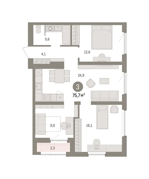 Новая 3-к квартира
 75.73 м² на 11/16 этаже в ЖК «Зарека» в городе Тюмень 