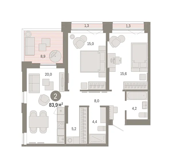 Новая 2-к квартира
 83.89 м² на 16/16 этаже в ЖК «Шишимская горка» в городе Тюмень 