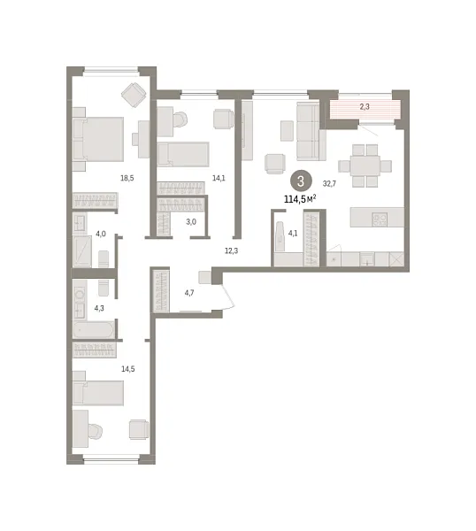 Новая 3-к квартира
 114.46 м² на 5/8 этаже в ЖК «Зарека» в городе Тюмень 