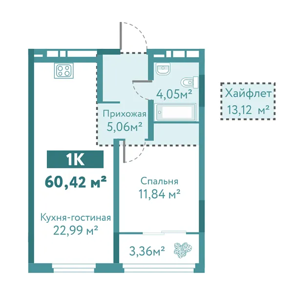Новая 1-к квартира
 59.99 м² на 10/10 этаже в ЖК «Акватория» в городе Тюмень 