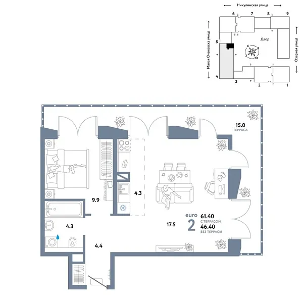 Новая 2-к квартира
 61.4 м² на 19/30 этаже в ЖК «Страна.Озёрная» в городе Тюмень 