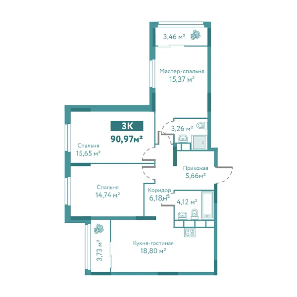 Новая 3-к квартира
 90.97 м² на 2/10 этаже в ЖК «Акватория» в городе Тюмень 