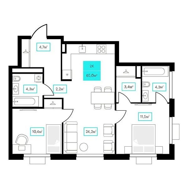 Количество комнат: 2,  65 кв.м.