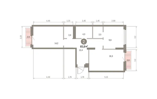 Количество комнат: 2,  65.79 кв.м.