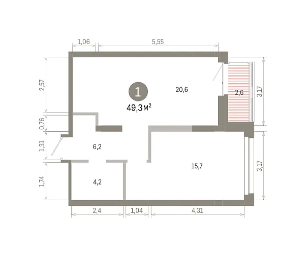 Количество комнат: 1,  49.3 кв.м.