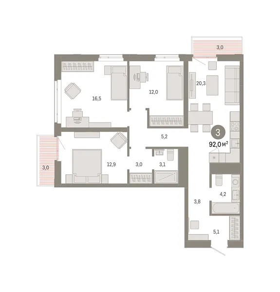 Новая 3-к квартира
 91.98 м² на 9/18 этаже в ЖК «Республики 205» в городе Тюмень 