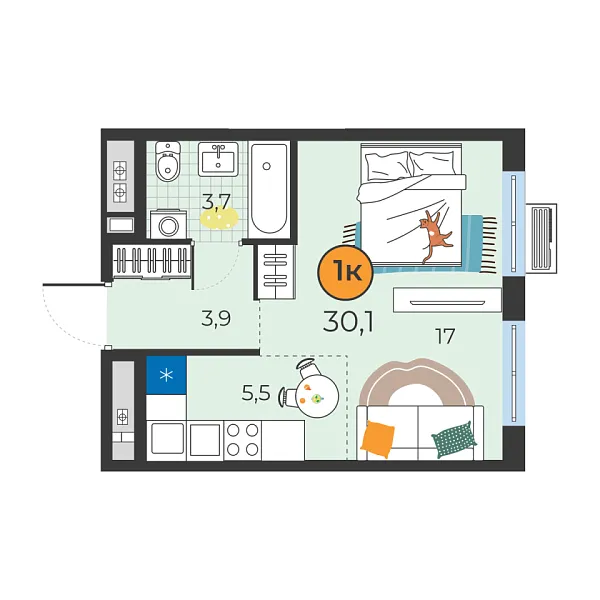 Новая квартира-студия
 30.1 м² на 22/25 этаже в ЖК «Корней» в городе Тюмень 