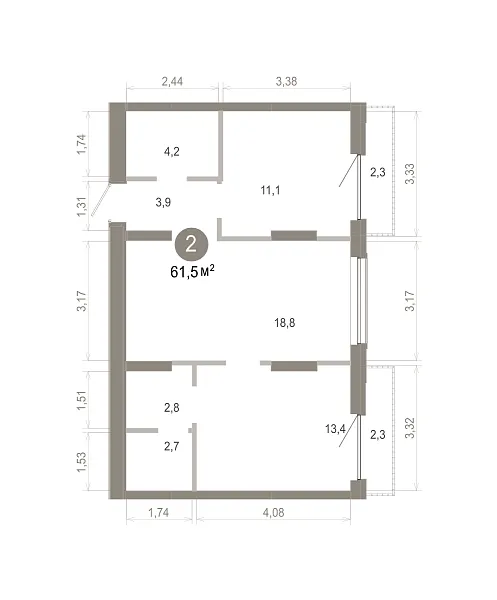 Количество комнат: 2,  61.51 кв.м.