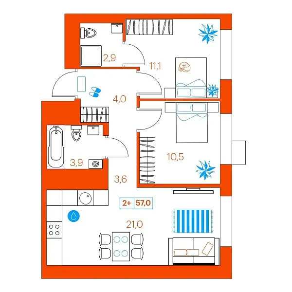 Количество комнат: 2,  57 кв.м.
