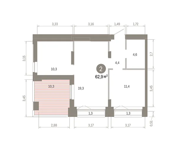Количество комнат: 2,  62.9 кв.м.