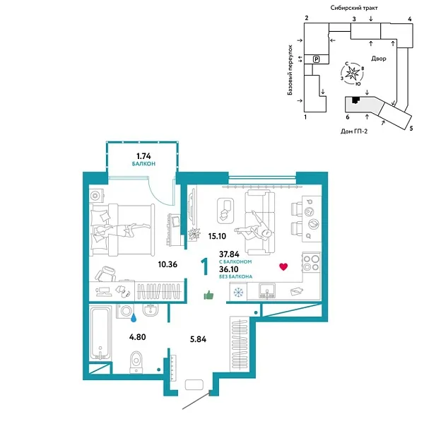Новая 1-к квартира
 37.84 м² на 9/32 этаже в ЖК «Сибирский сад» в городе Тюмень 