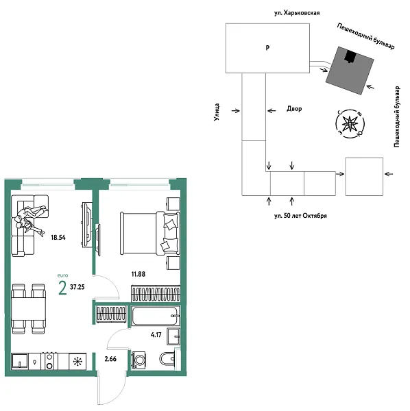 Новая 2-к квартира
 37.25 м² на 24/25 этаже в ЖК «Сердце Сибири» в городе Тюмень 