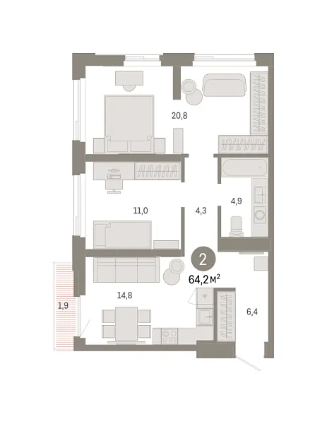 Новая 2-к квартира
 64.19 м² на 10/25 этаже в ЖК «Зарека» в городе Тюмень 