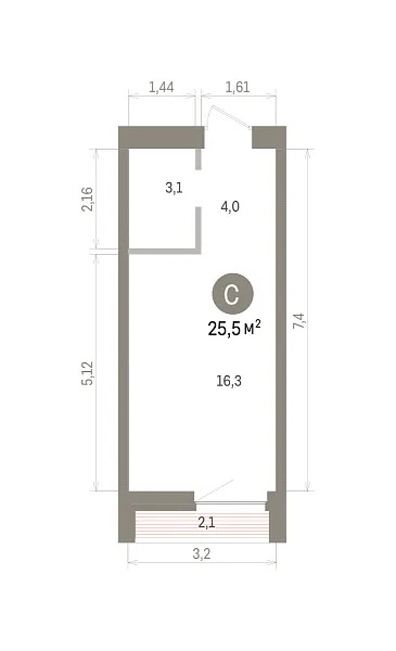 Количество комнат: Студия,  25.6 кв.м.