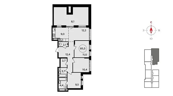 Новая 4-к квартира
 85.7 м² на 17/17 этаже в ЖК «Прокшино» в городе Тюмень 