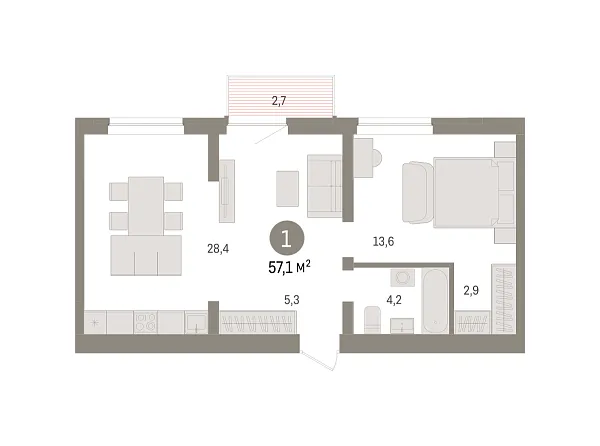 Новая 1-к квартира
 57.1 м² на 10/10 этаже в ЖК «Речной порт» в городе Тюмень 