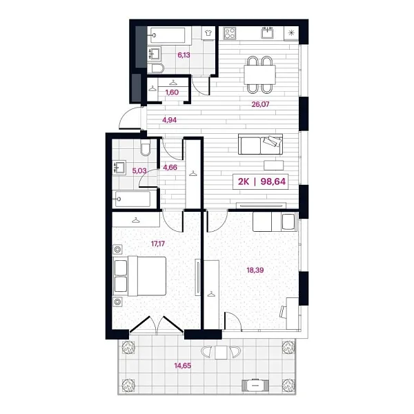 Новая 2-к квартира
 98.64 м² на 2/16 этаже в ЖК «Пушкина» в городе Тюмень 