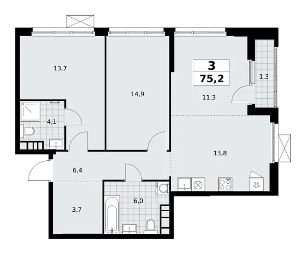 Новая 3-к квартира
 75.2 м² на 22/24 этаже в ЖК «Южные сады» в городе Тюмень 