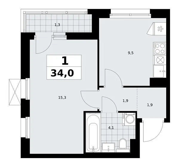 Новая 1-к квартира
 34 м² на 4/13 этаже в ЖК «Прокшино» в городе Тюмень 