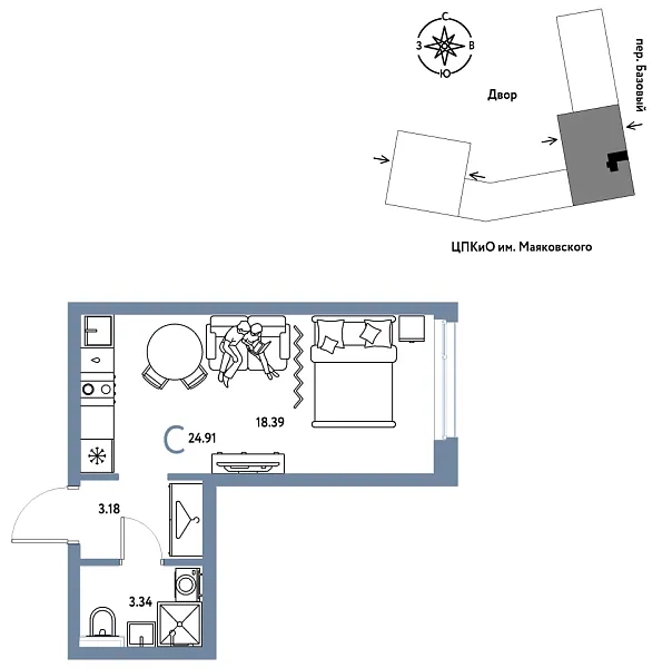 Новая квартира-студия
 24.91 м² на 7/25 этаже в ЖК «Сибирский сад» в городе Тюмень 
